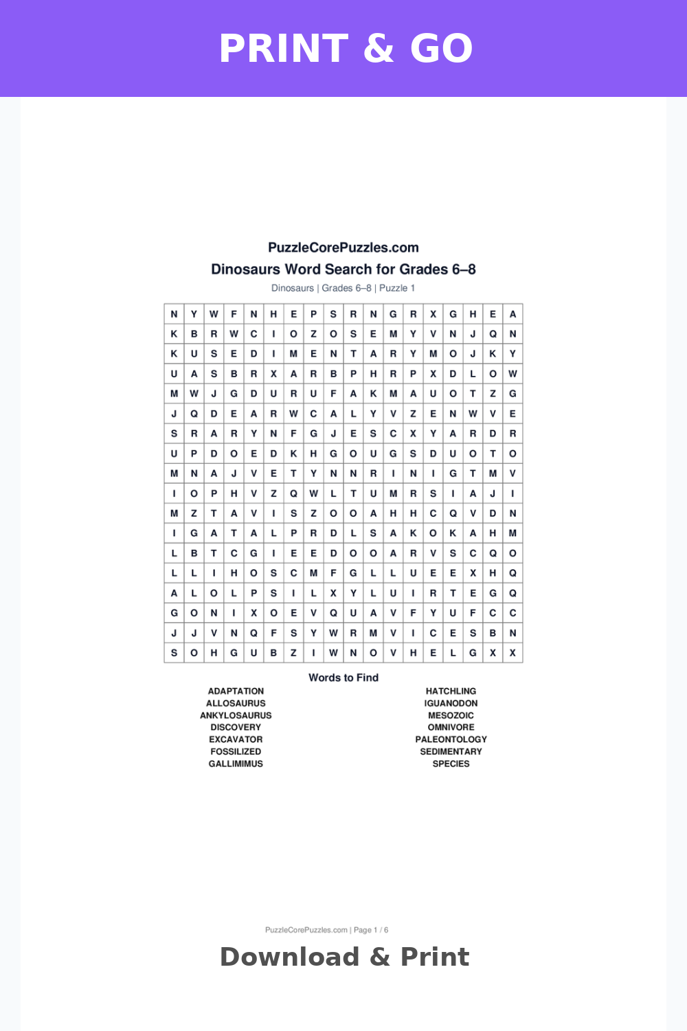 Dinosaurs Medium Word Search for Grades 6–8
