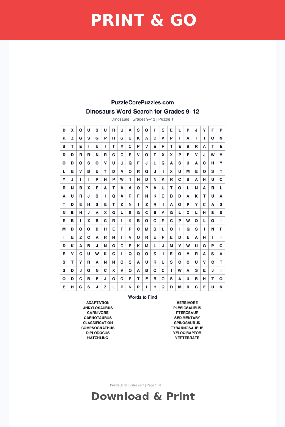Dinosaurs Medium Word Search for Grades 9–12
