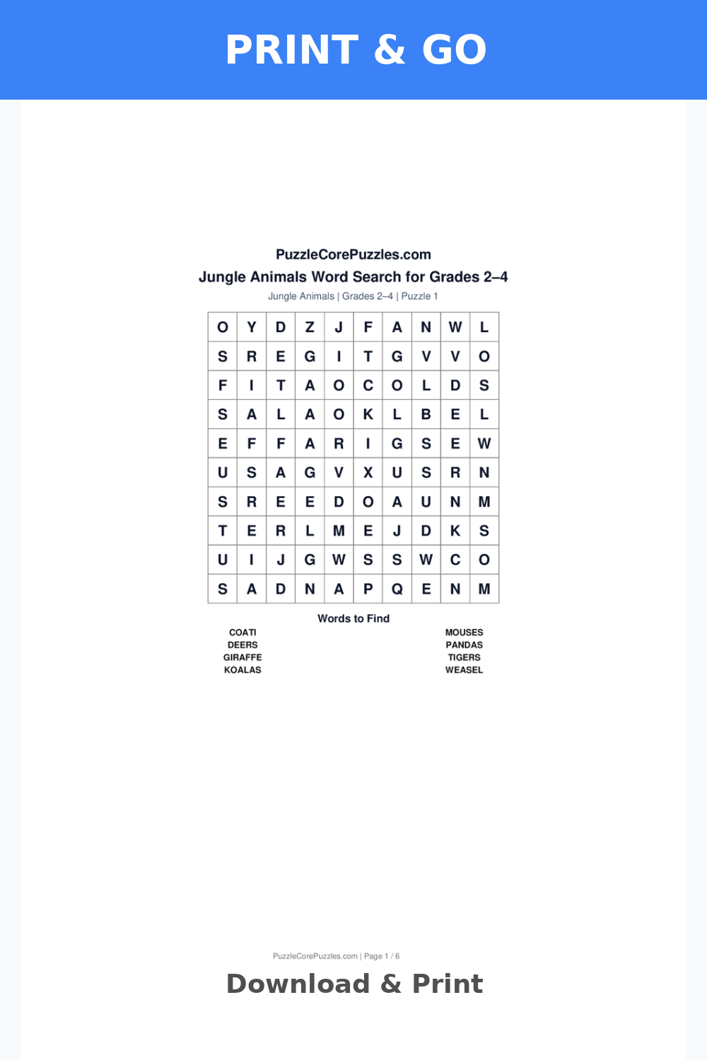 Jungle Animals Medium Word Search for Grades 2–4