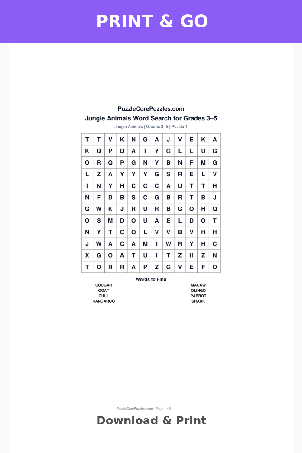 Jungle Animals Easy Word Search for Grades 3–5