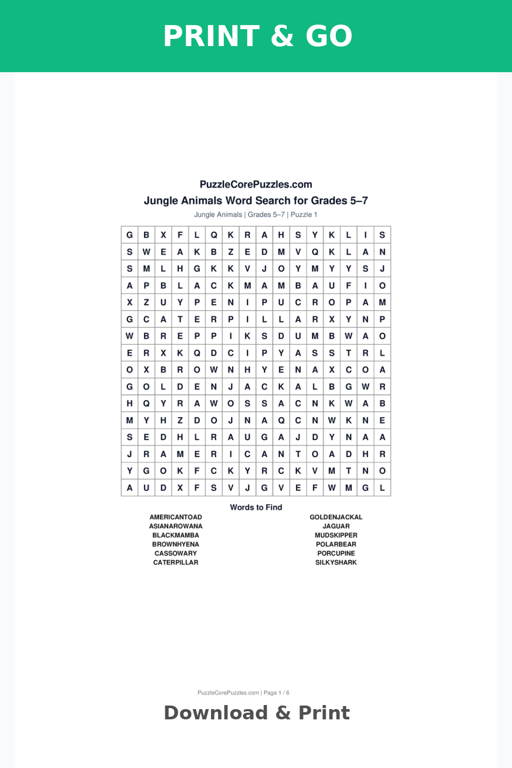 Jungle Animals Easy Word Search for Grades 5–7