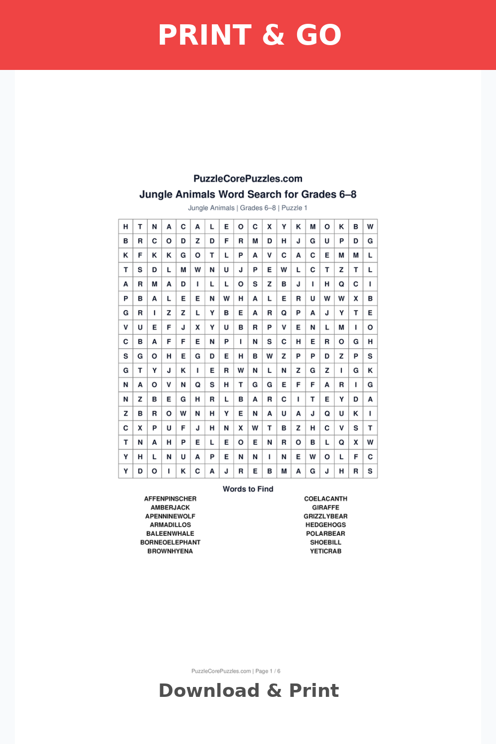 Jungle Animals Hard Word Search for Grades 6–8