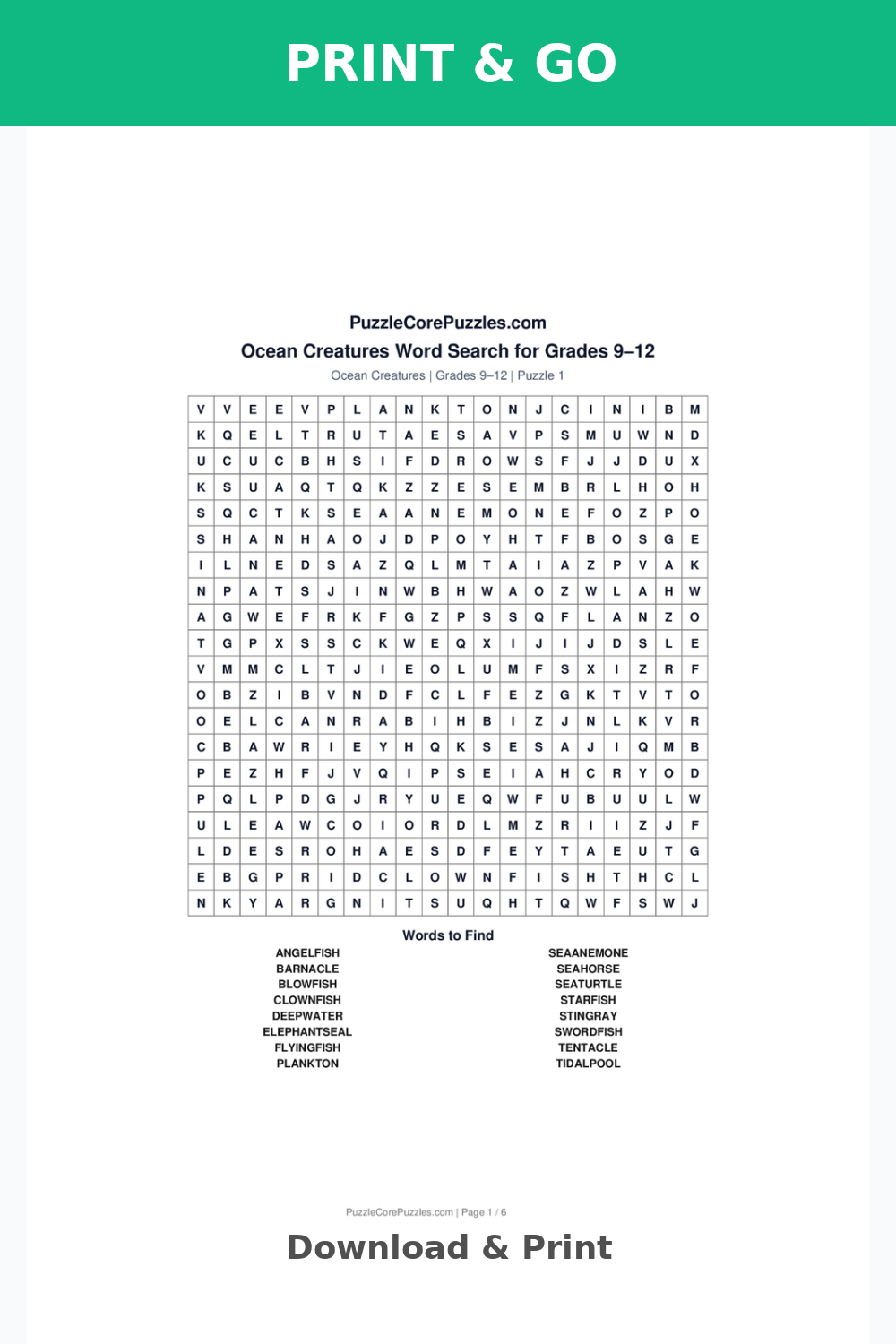 Ocean Creatures Medium Word Search for Grades 9–12